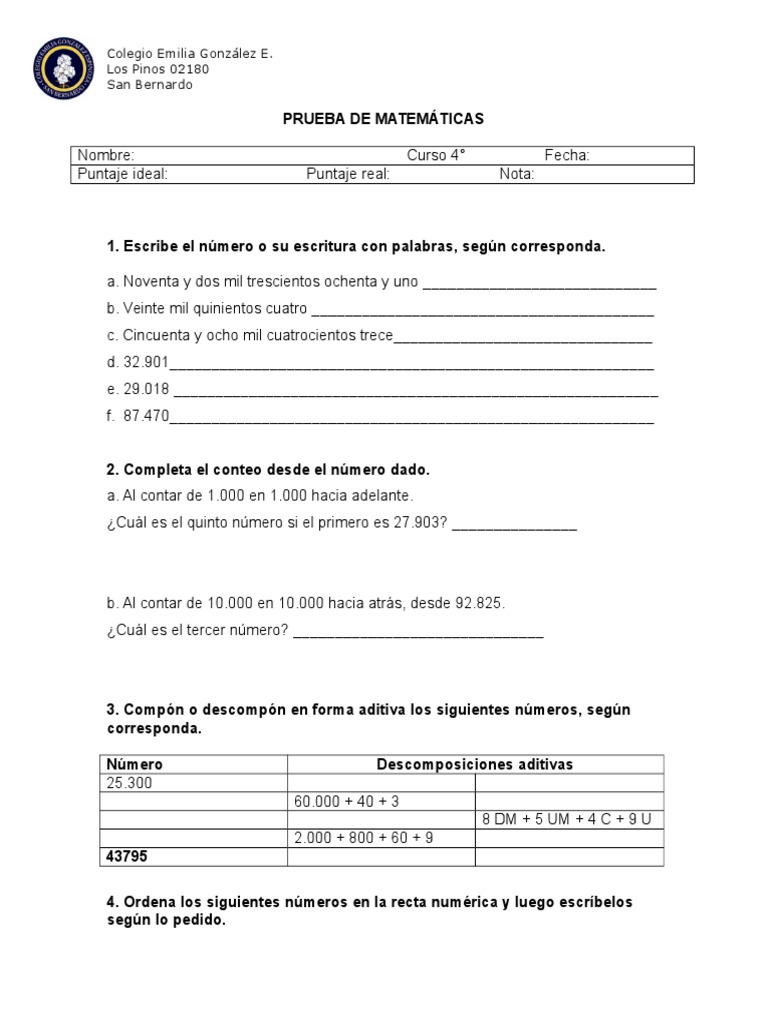 Prueba Matemática Unidad 1 4 ° Básico | PDF | Métodos y materiales de ...