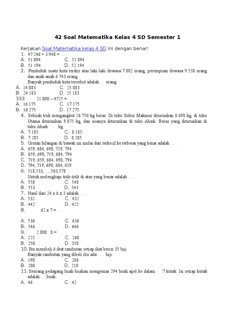 42 Soal Matematika Kelas 4 SD Semester 1 | PDF