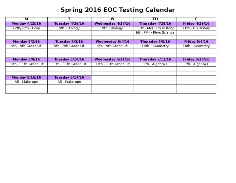 Spring 2016 EOC Testing Schedule | PDF | Science & Mathematics