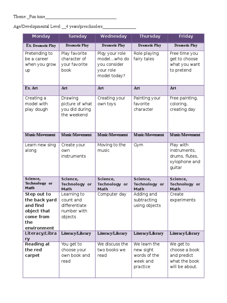 Preschool Fun Activities Schedule | PDF | Language Arts & Discipline