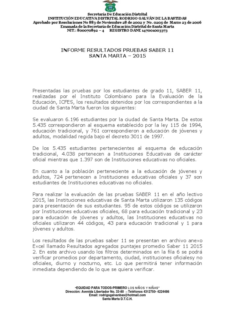 Resultados Pruebas Saber 11 Santa Marta 2015 | PDF | Maestros | Plan de ...