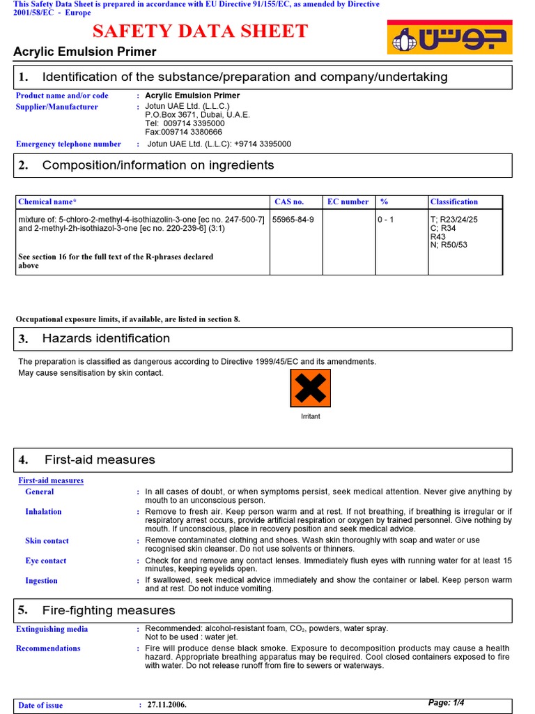 SDS Acrylic Emulsion Primer English (Uk) Dubai Materials Chemistry