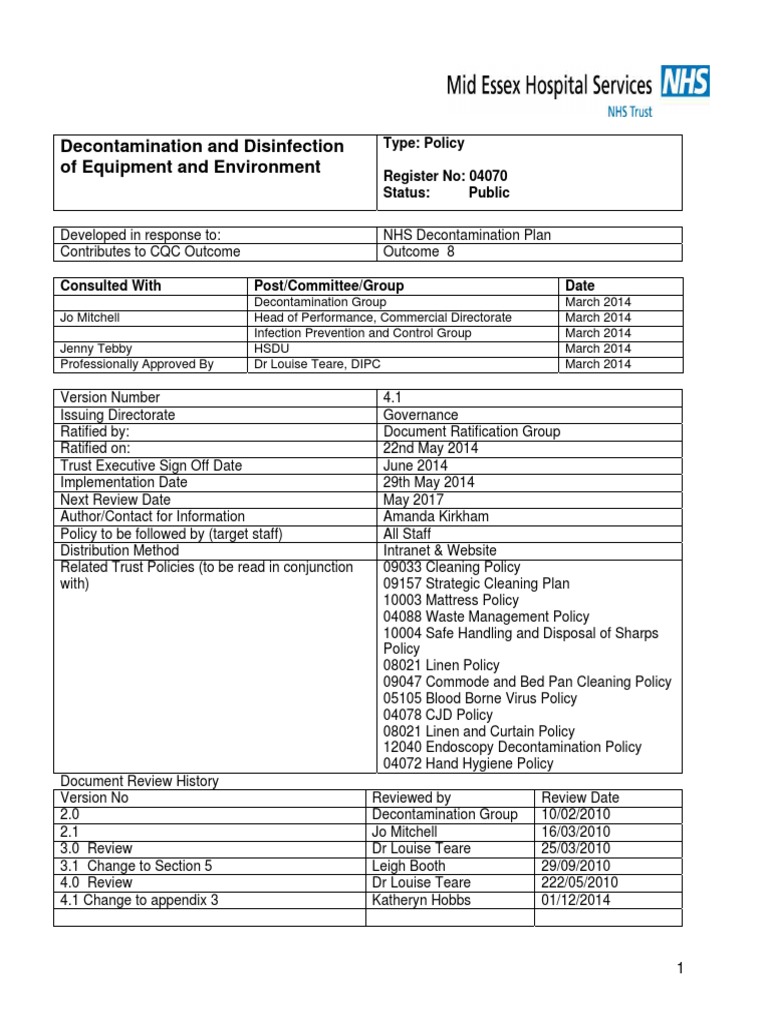 04070 Decontamination of Equipment Environment Policy 4.1 (1
