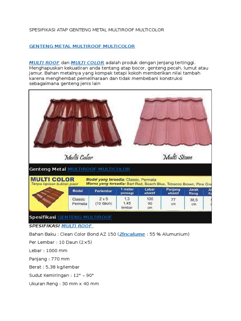 Spesifikasi Atap Genteng Metal Multiroof Multicolor Pdf