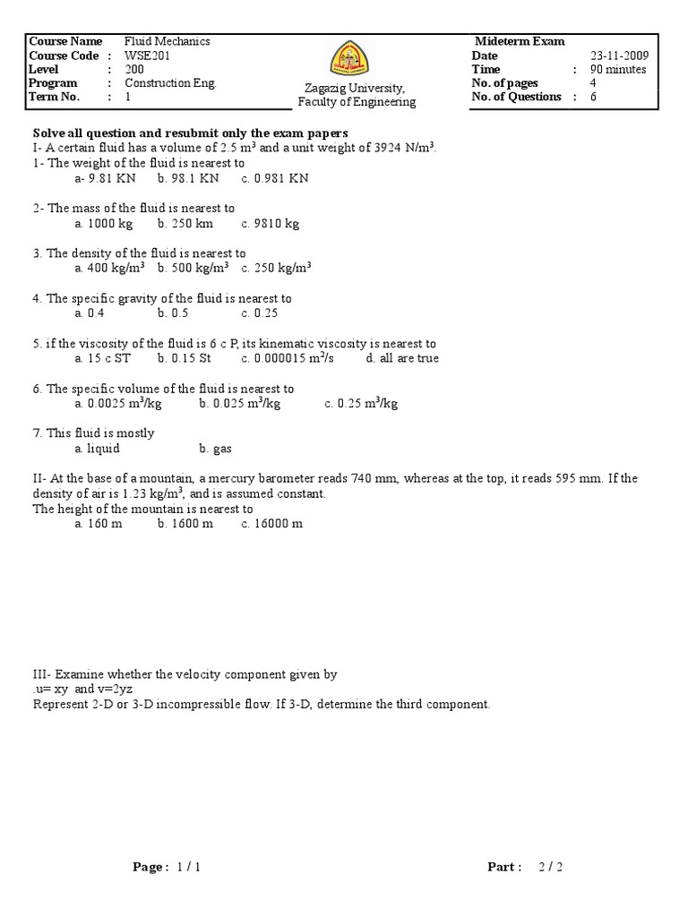 Fluid Mechanics Midterm Exam WSE201 | PDF | Buoyancy | Pressure