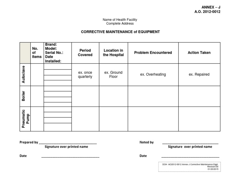 Form On Corrective Maintenance of Equipment