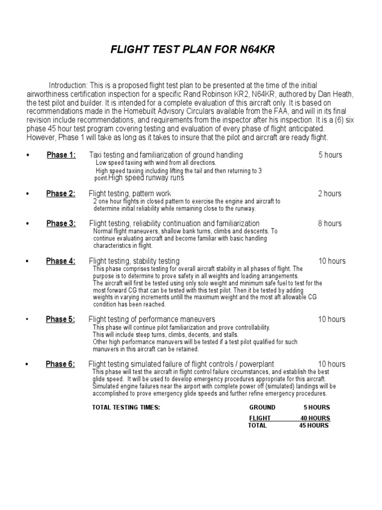 Flight Test Plan for N64KR | Flight Test | Aircraft