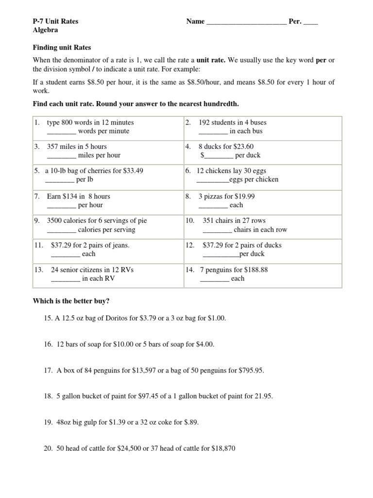 Unit Rate Worksheet With Finding Unit Rates Worksheet