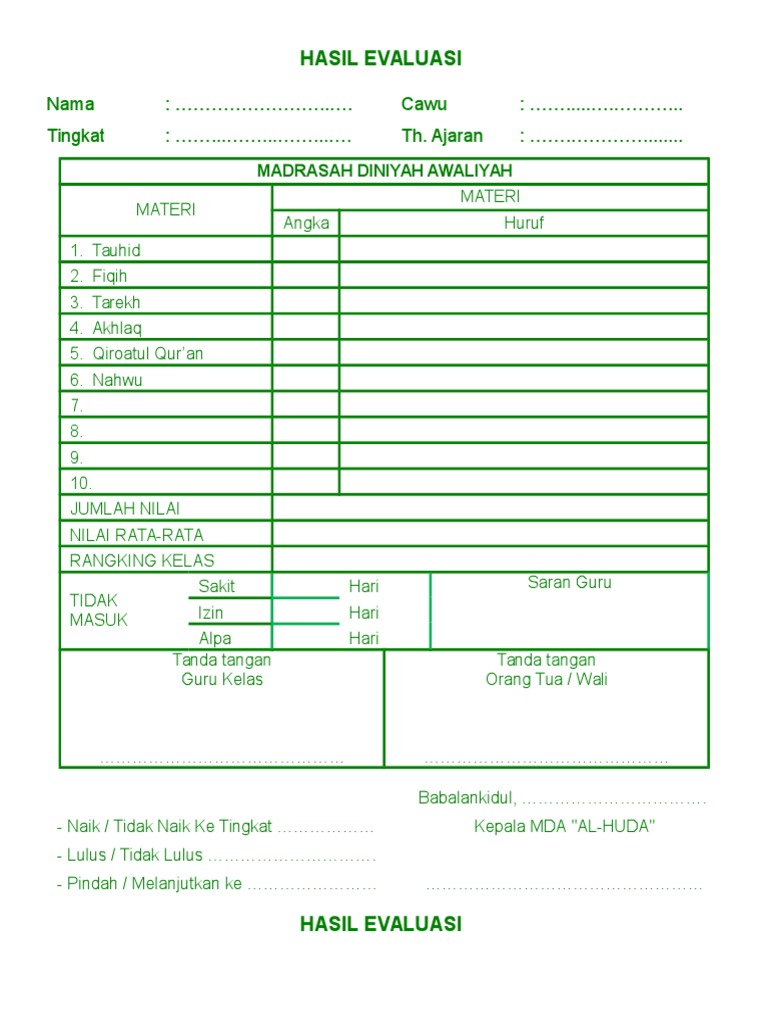 Contoh Raport Diniyah Raga Soal