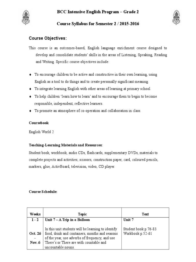 BCC Intensive English Program - Grade 2 Course Syllabus For Semester 2 ...