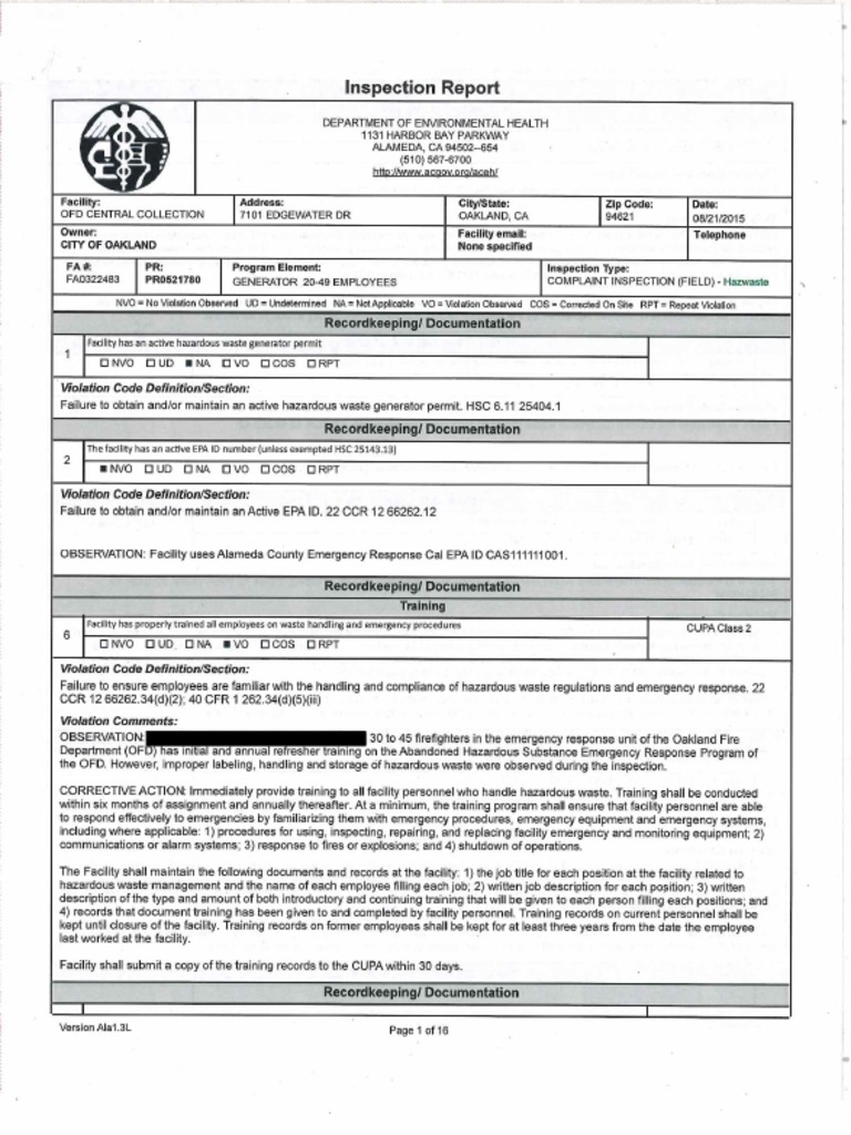Alameda County CUPA Inspection of Oakland Hazardous Facility