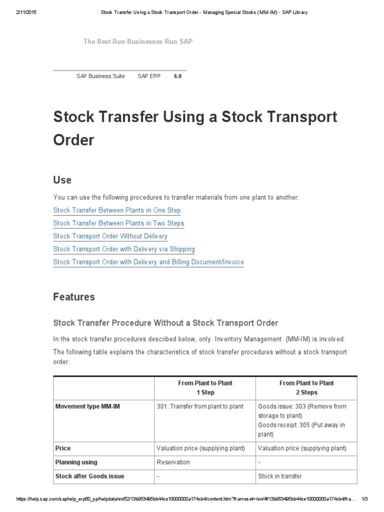 Stock Transfer Using a Stock Transport Order Managing Special Stocks