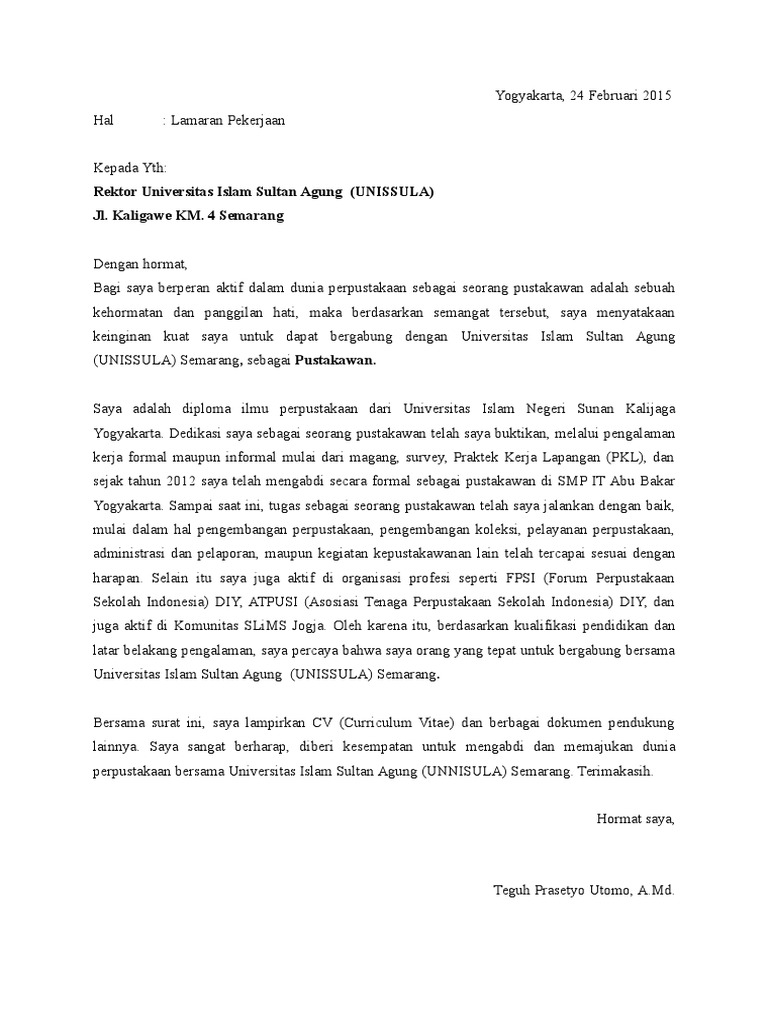 Contoh Surat Lamaran Pustakawan Perpustakaan