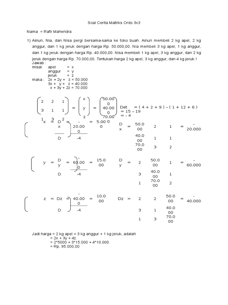 Soal Cerita Determinan Matriks Ordo 3X3 Contoh Soal