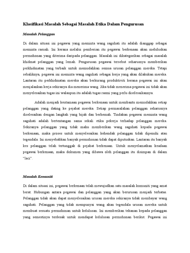 Klasifikasi Masalah Sebagai Masalah Etika Dalam Pengurusan Pdf