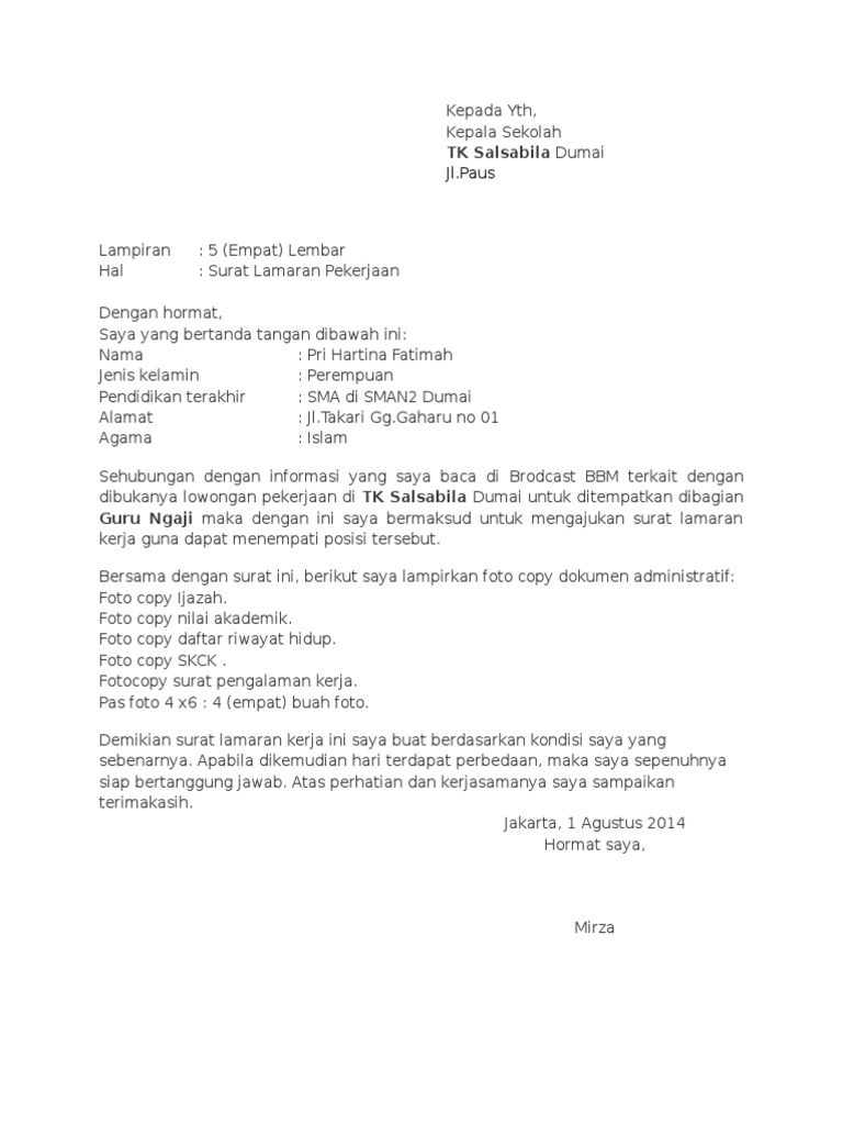 Contoh Surat Lamaran Untuk Guru Tk