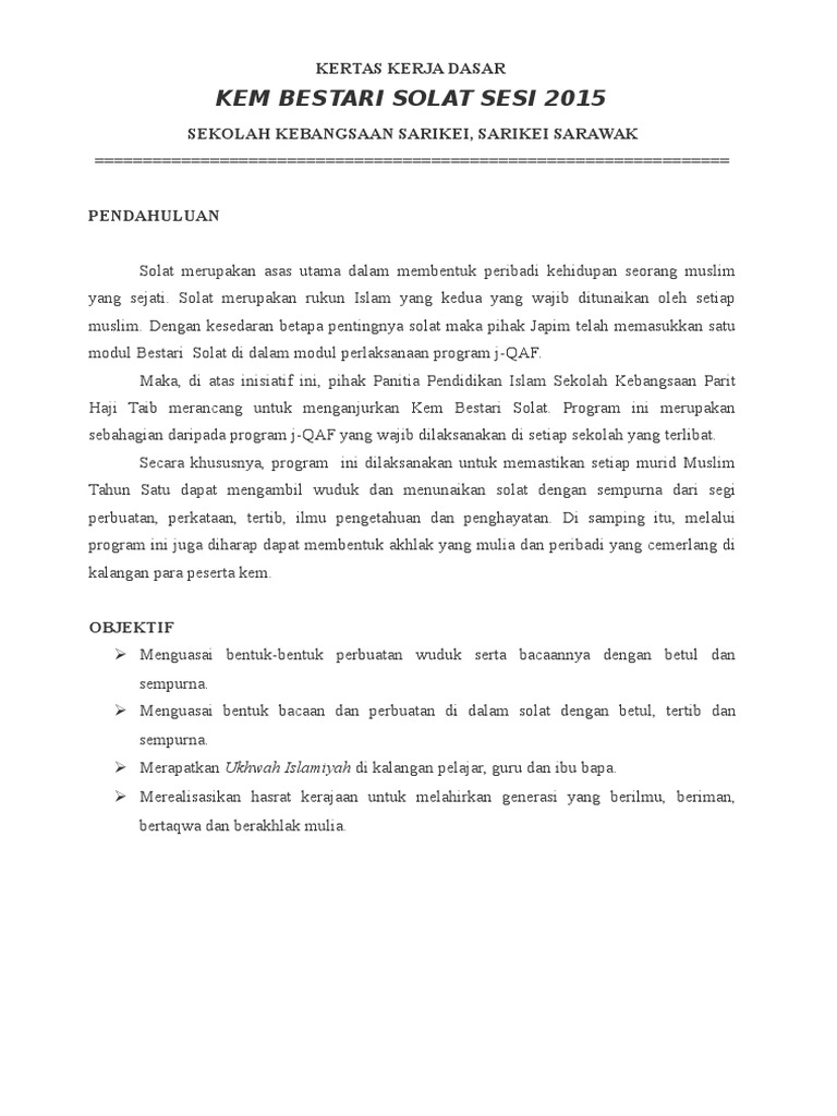 Kertas Kerja Kem Bestari Solat S2 Sks