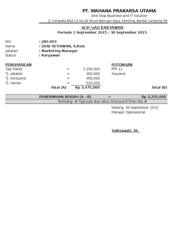 Contoh Slip Gaji Karyawan Format Ms Excel