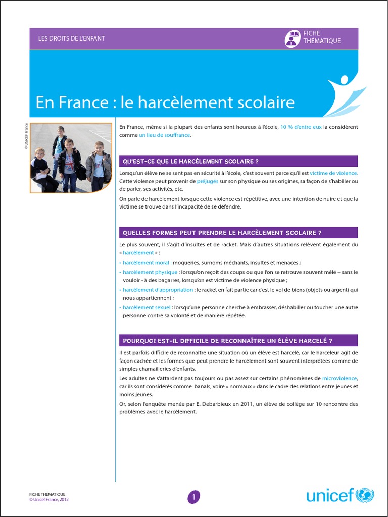 Etude UNicef sur Harcelement Scolaire en France Harcèlement La violence