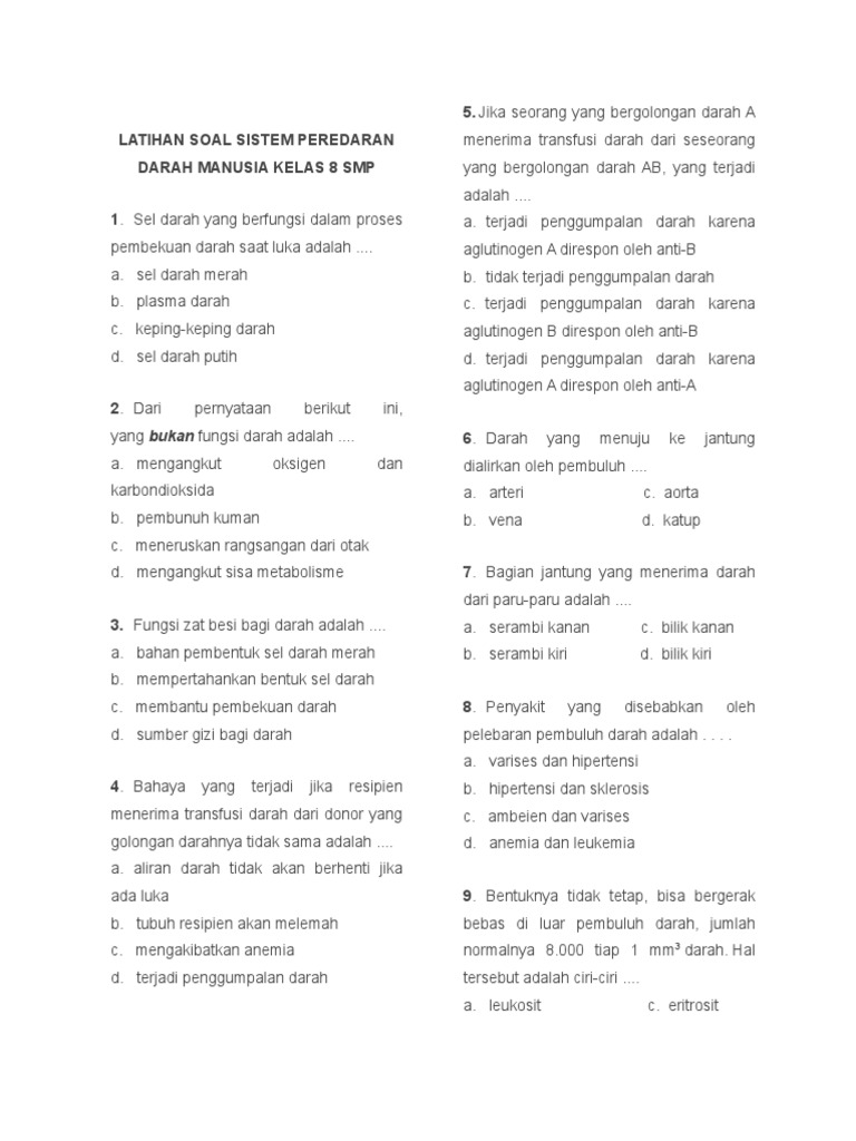 Latihan Soal Sistem Peredaran Darah Manusia Kelas 8 SMP  PDF