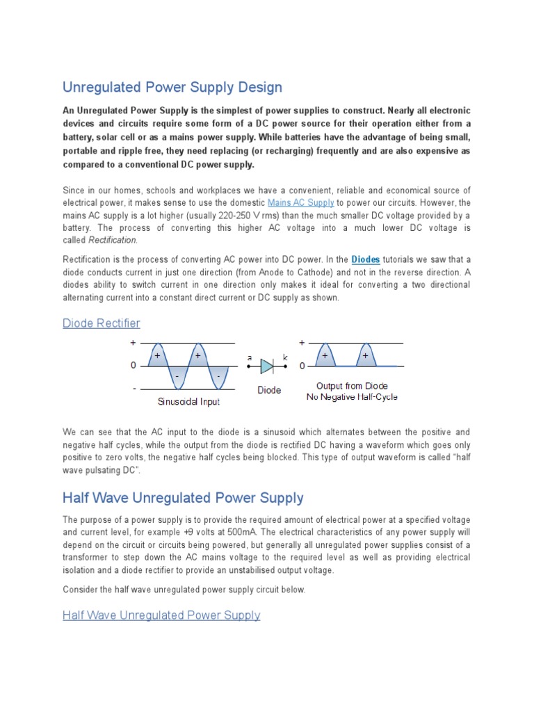 Unregulated Power Supply Design PDF Rectifier Power Supply