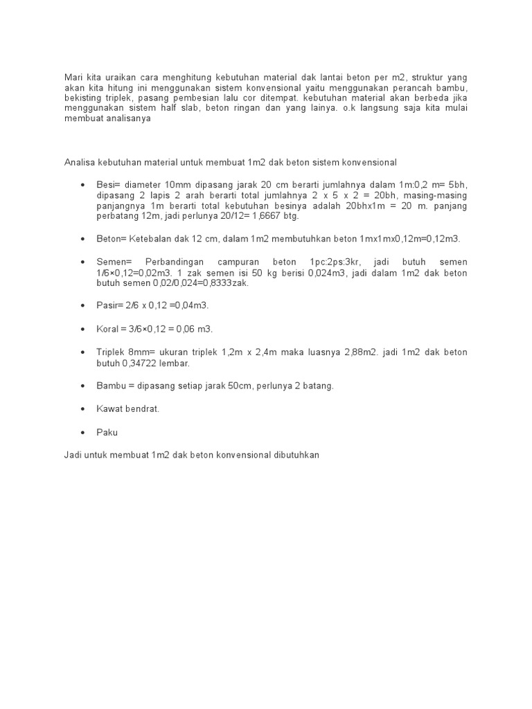 Cara Menghitung Kebutuhan Material Dak Lantai Beton Per m2 Cara Menghitung Kebutuhan Material Dak Lantai Beton Per m2