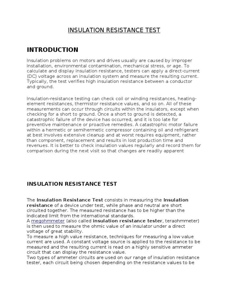 Insulation Resistance Test | PDF | Electrical Resistance And ...