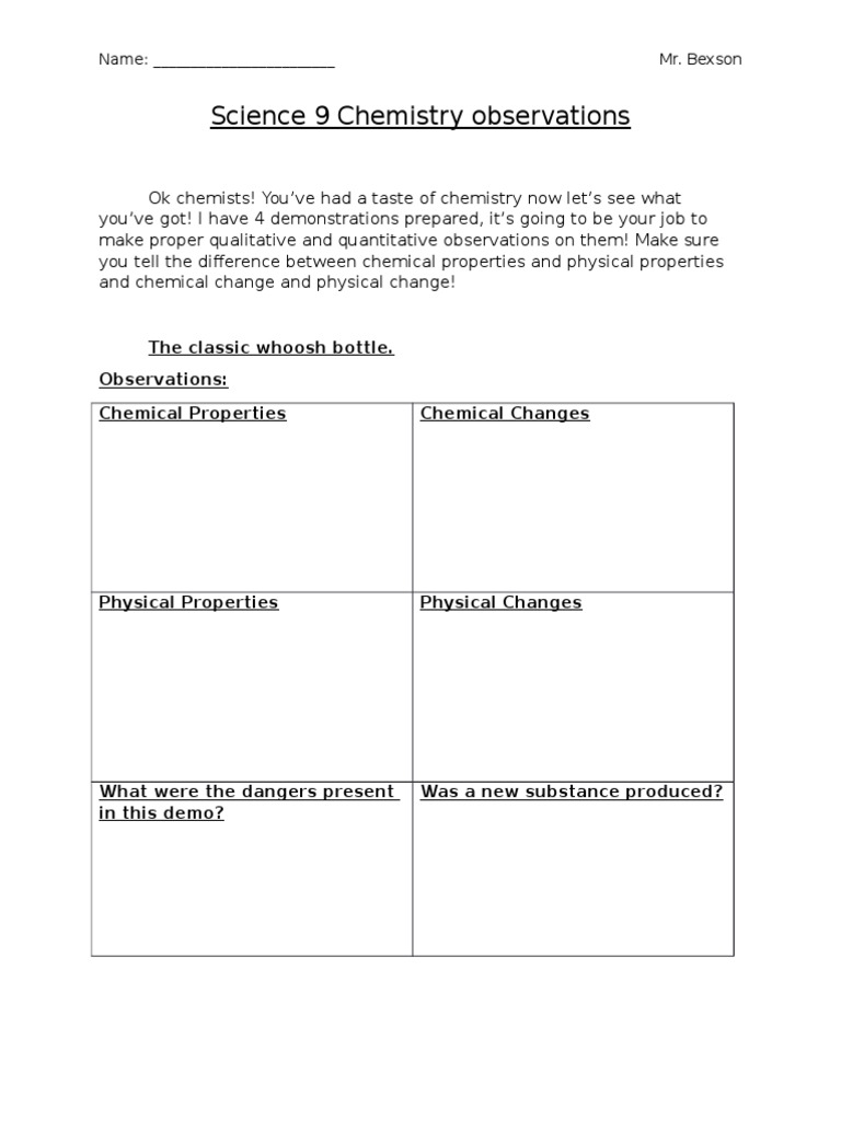 Chemistry Observations for Science 9 | PDF | Chemical Substances ...