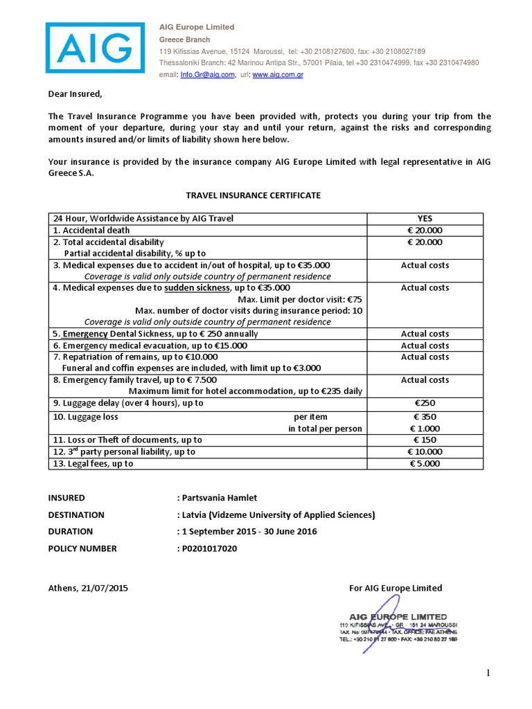 Travel Insurance Certificate YES Coverage is valid only
