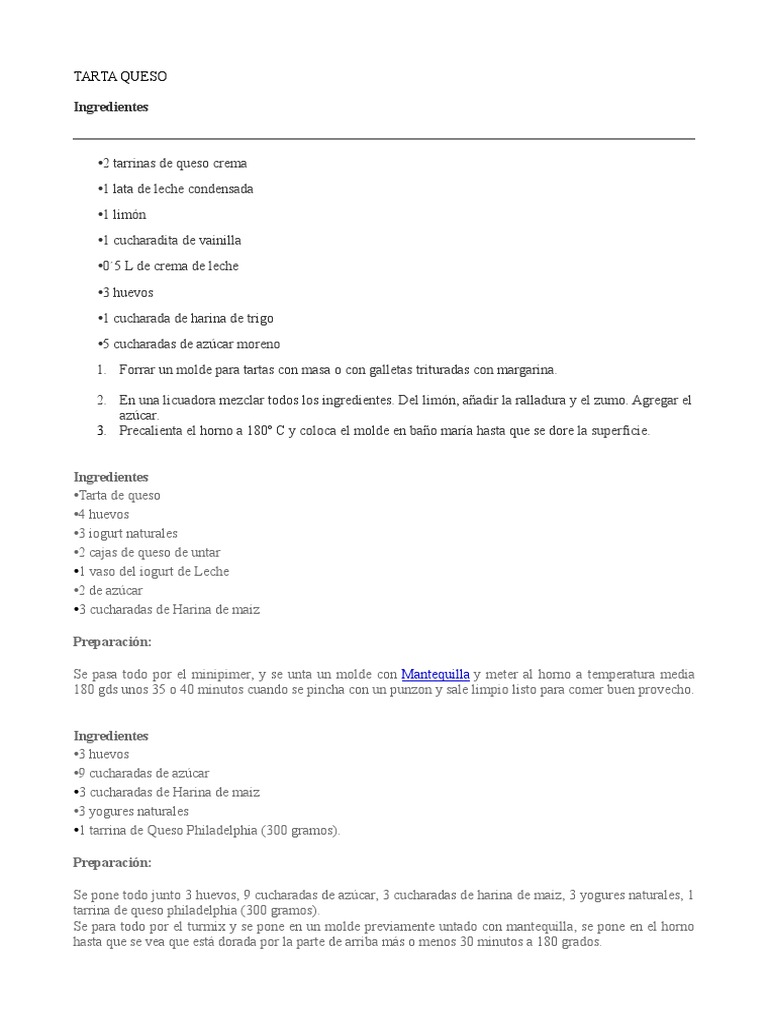 Recetas Variadas de Tarta de Queso | PDF | Tarta de queso | Postres