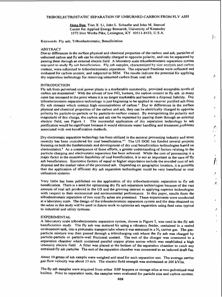 Separation of Unburnt Carbon in Fly Ash by Triboelectric Method | PDF ...