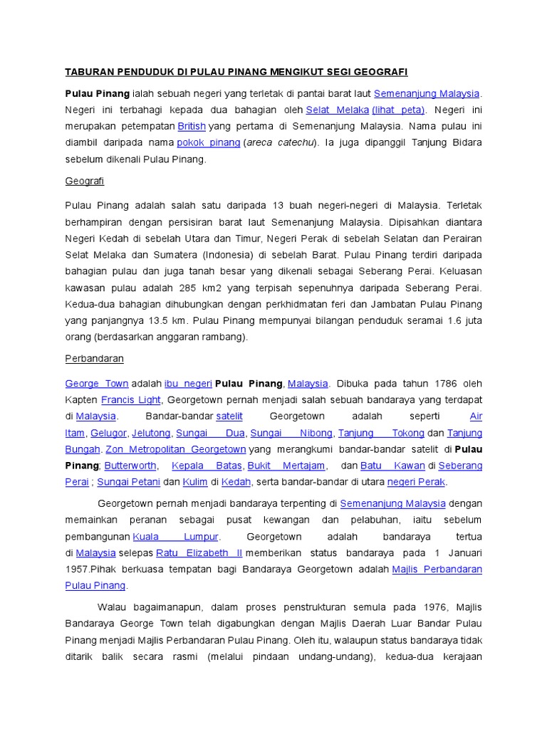 Taburan Penduduk Di Pulau Pinang Mengikut Segi Geografi Pdf