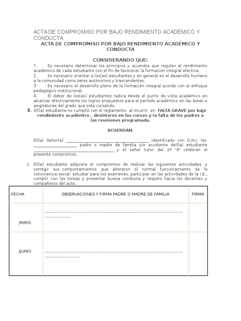 Acta de Compromiso Por Bajo Rendimiento Académico y Conducta | PDF |  Tolerancia | Comportamiento