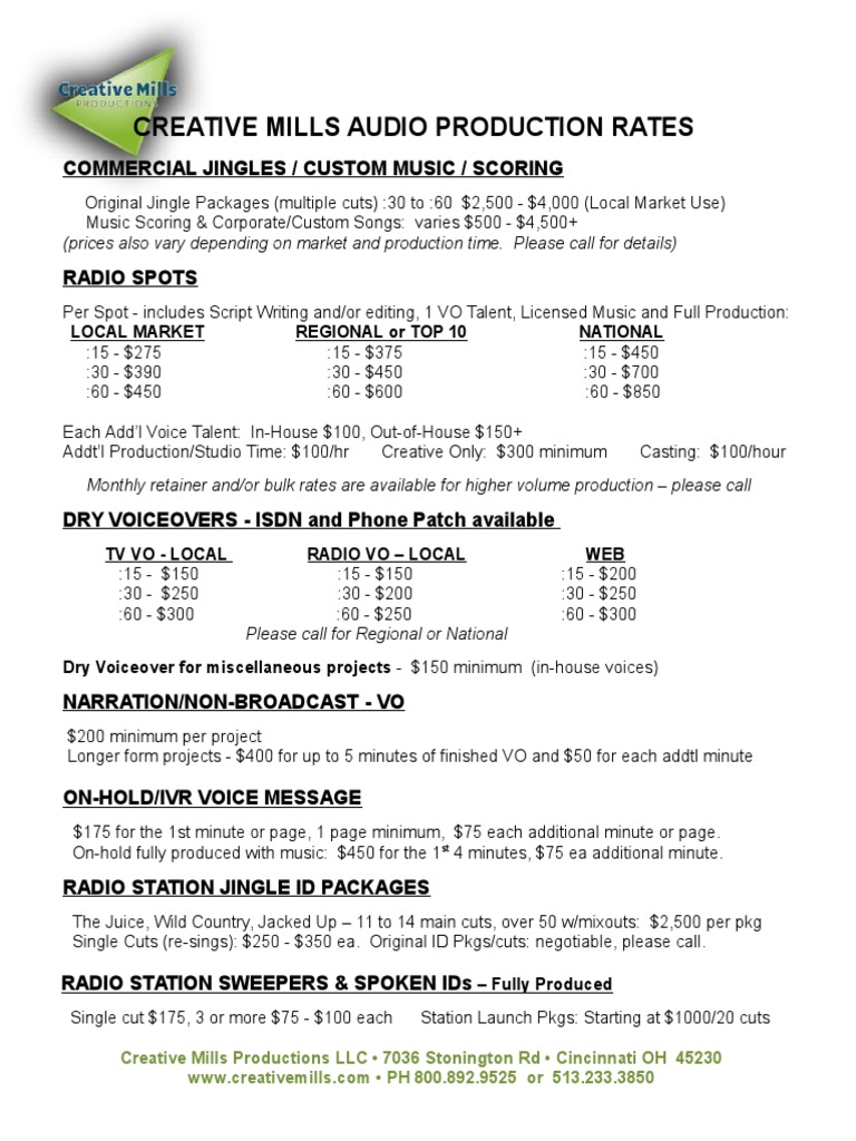 Creative Mills Audio Production Rates | PDF | Voice Over ...