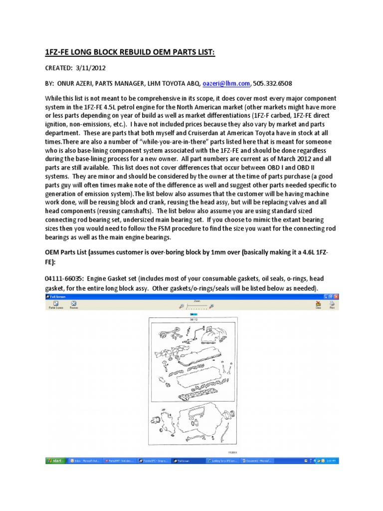 1FZ-FE Long Block Rebuild Parts List | PDF | Fuel Injection | Distributor