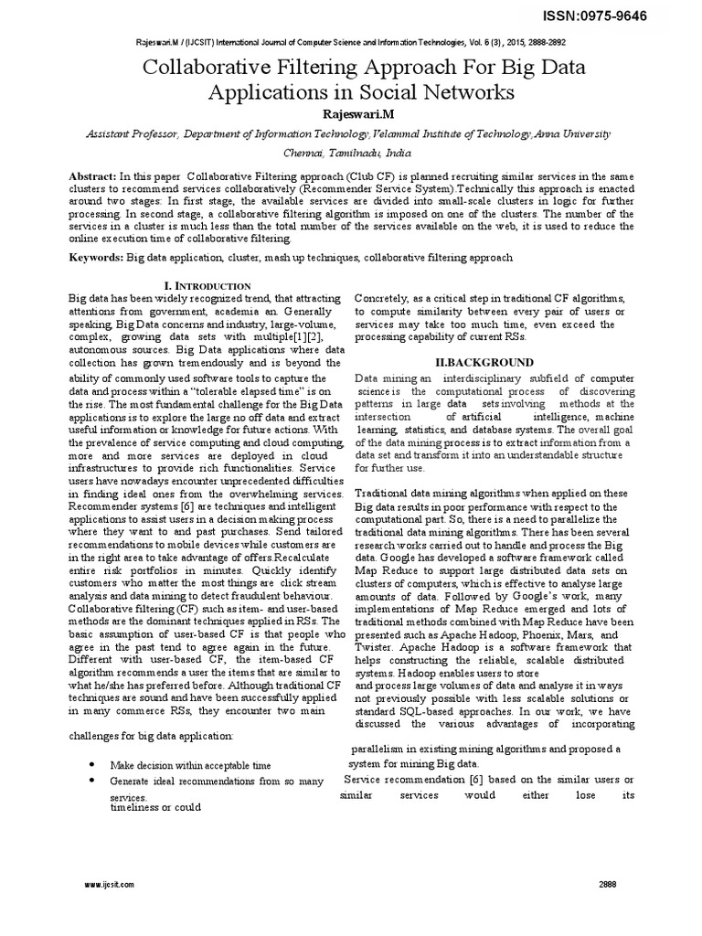 Collaborative Filtering for Big Data in Social Networks | PDF | Cluster ...