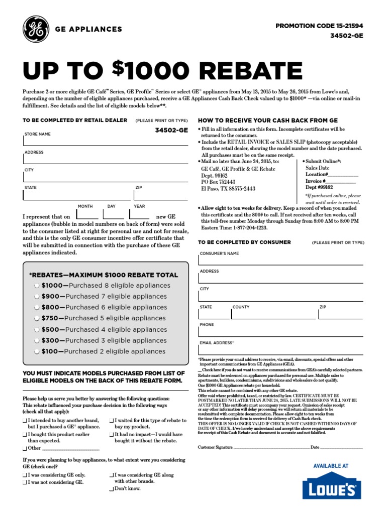 Ge Rebate 1000 Lowes PDF Rebate (Marketing) Receipt