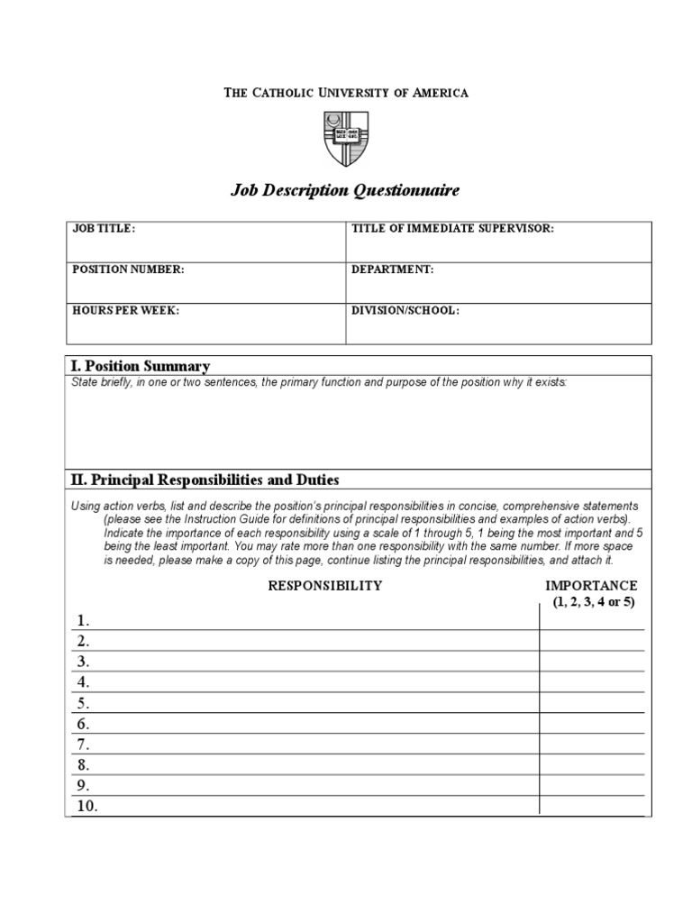 Job Description Questionnaire PDF Performance Appraisal Supervisor