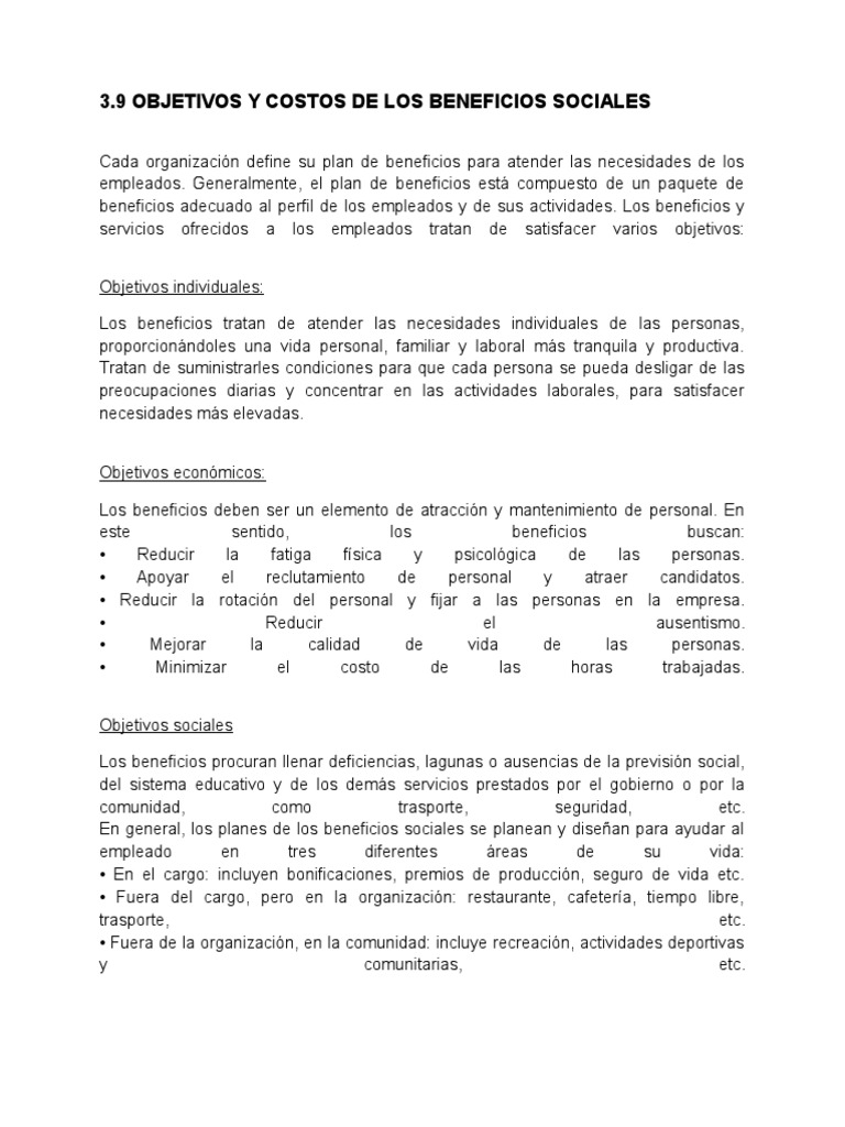 Objetivos y Costos de Beneficios Sociales | PDF | Beneficio (economía ...