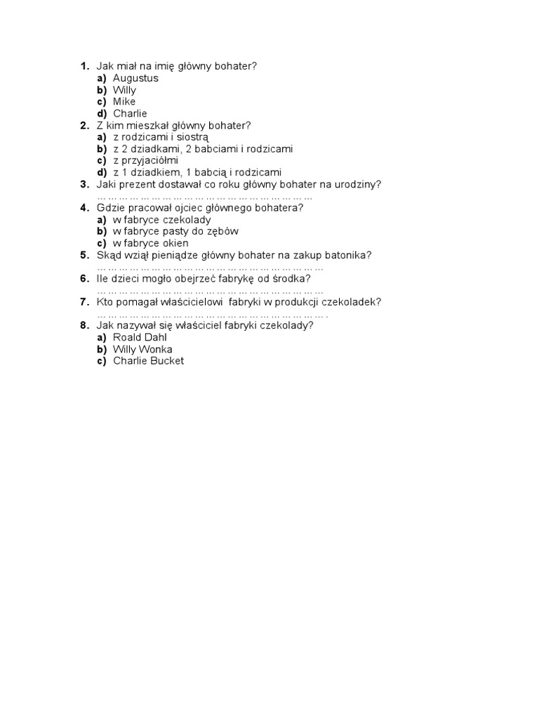 Charlie I Fabryka Czekolady Test Pdf