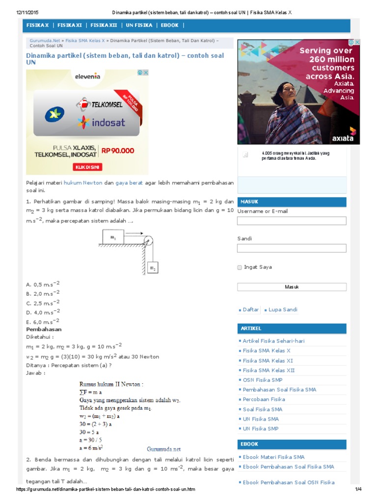 Dinamika Partikel (Sistem Beban, Tali Dan Katrol) Contoh
