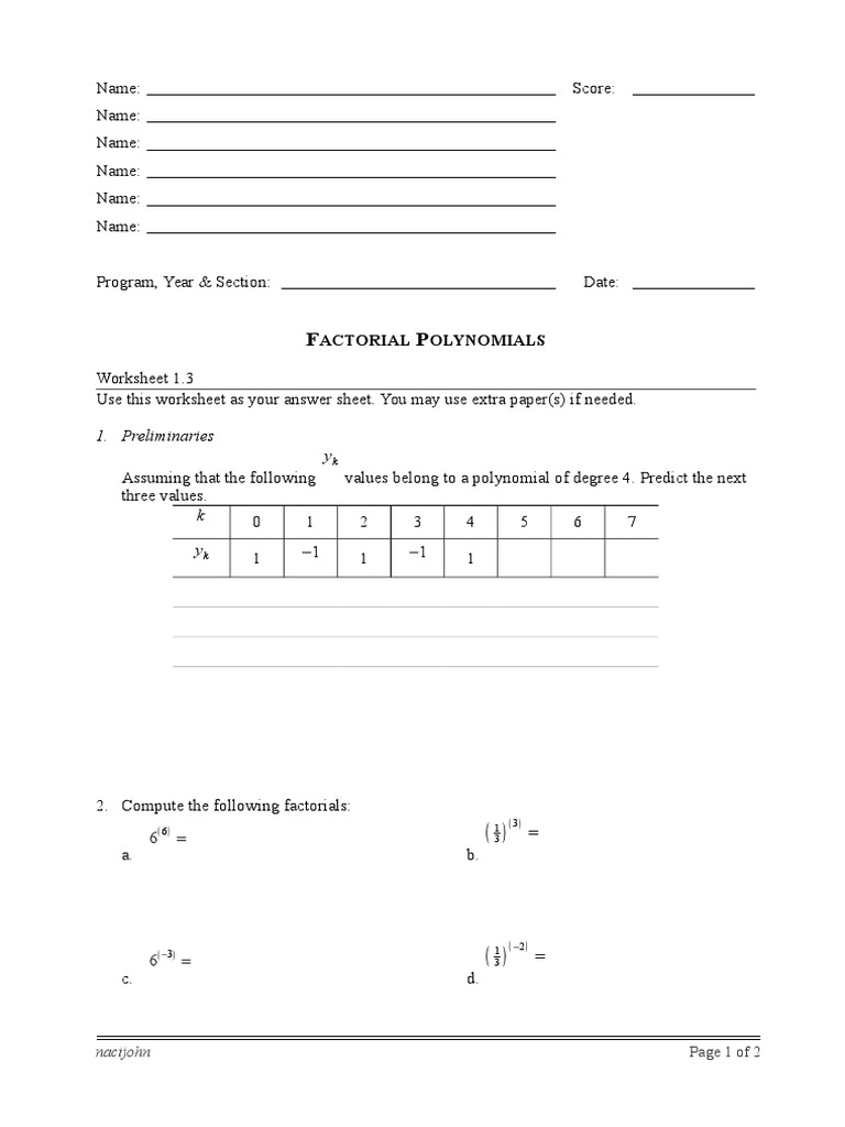Factorial Polynomials Worksheet 1.3 | PDF | Teaching Methods ...