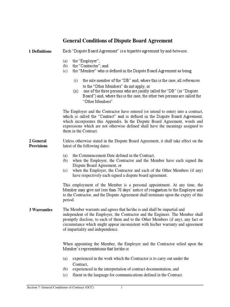 Dispute Board Agreement and Rules Arbitration General Contractor