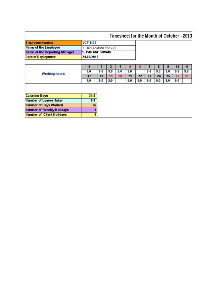 October 2013 Employee Timesheet | PDF