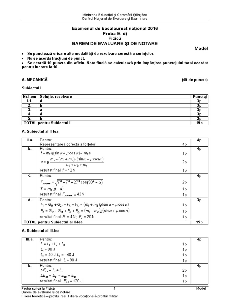 Barem De Corectare Model De Subiecte FizicÄ Teoretic Bac 2016