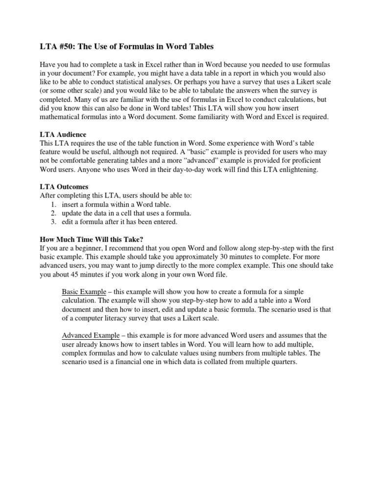 Lta - 50 - Formulas Word Tables | PDF | Formula | Microsoft Excel