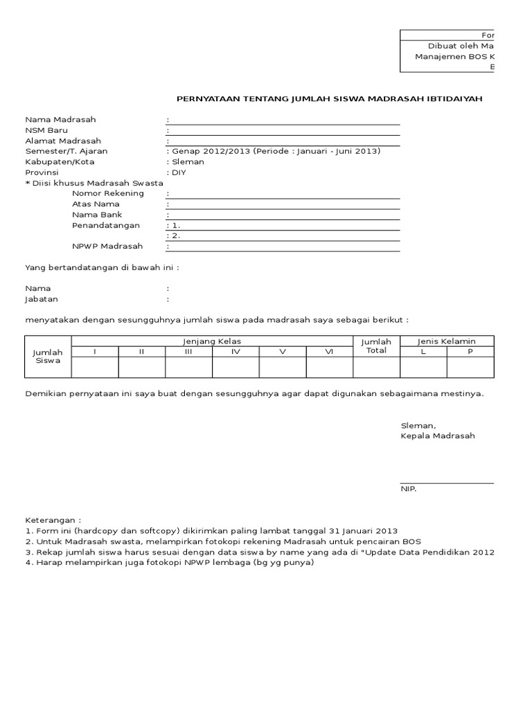 Format Bos 02 Surat Pernyataan Jumlah Siswa