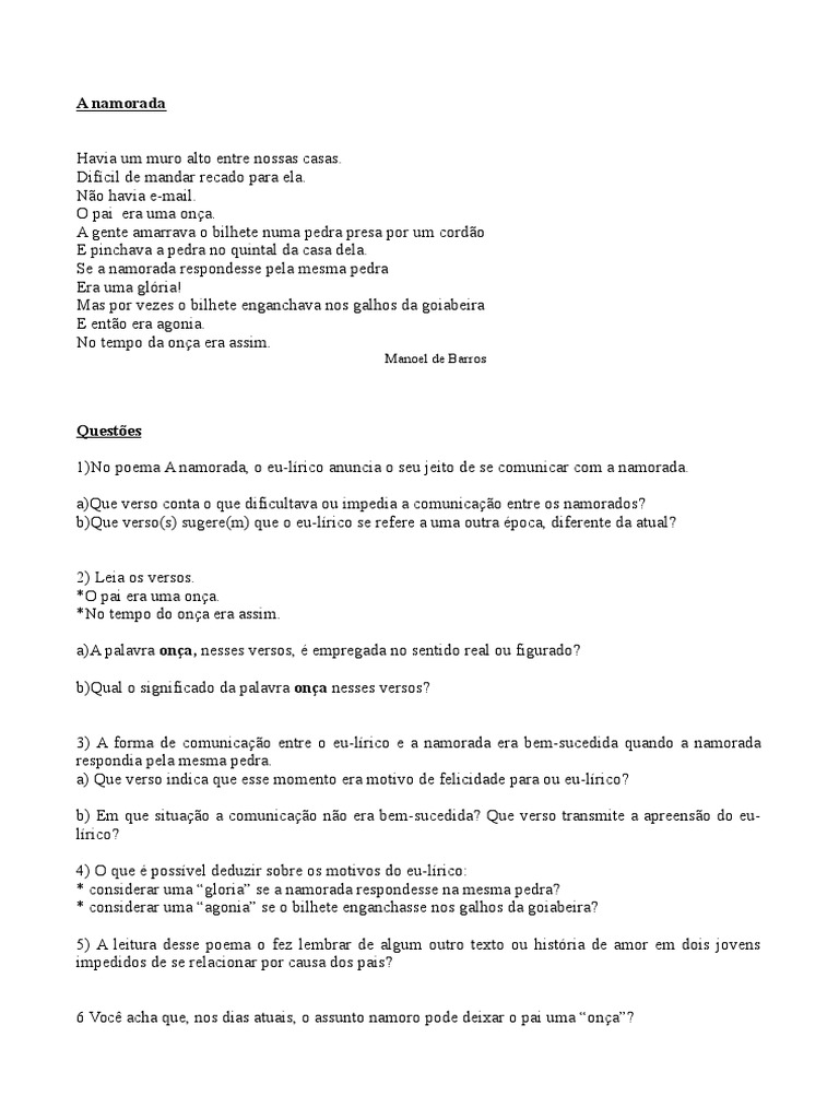 Comunicação no Poema "A Namorada" | PDF | Artes Linguísticas e ...