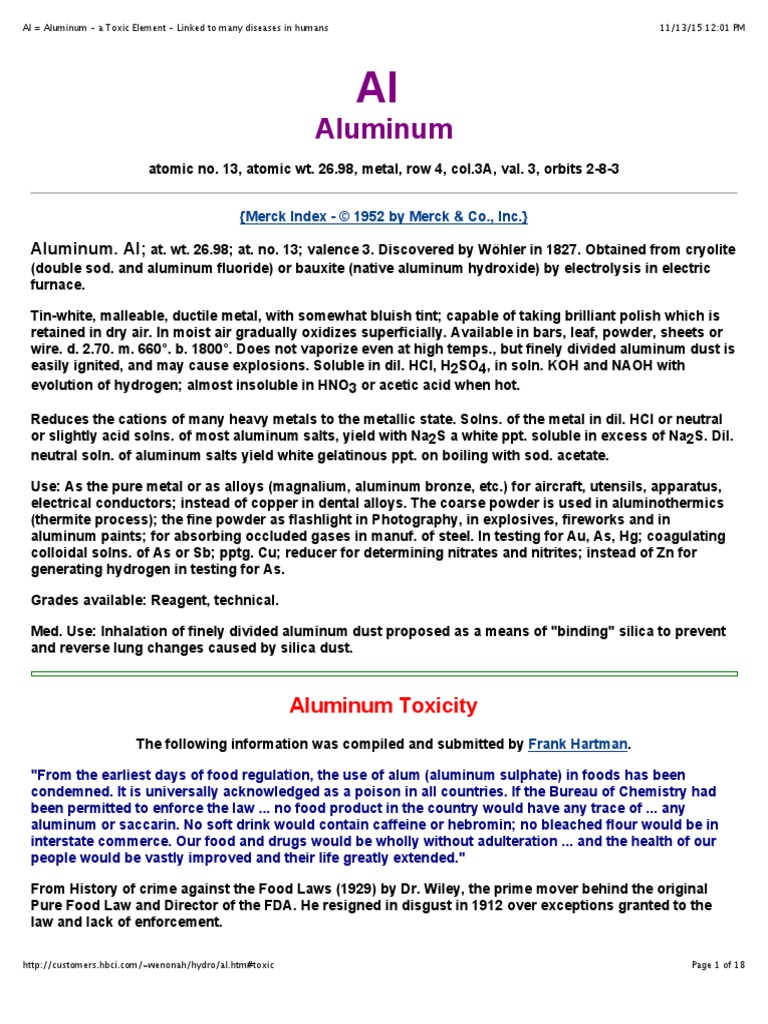 Al = Aluminum a Toxic Element Linked to many diseases in humans