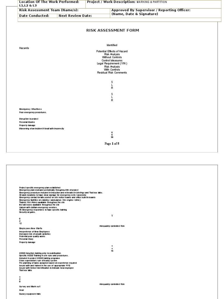 Drywall Partition Risk Assessment Form | PDF | Emergency Management | Risk